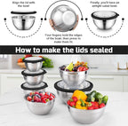 E-far Mixing Bowls Set of 7, Stainless Steel Mixing Bowls with Airtight Clear Lids, Metal Nesting Bowls for Kitchen Prep, Baking, Serving, Dishwasher Safe, Size 4.6, 3.5, 3, 2, 1.5, 1, 0.7QT, Black