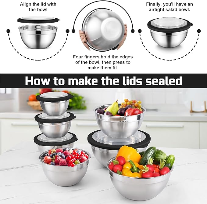 E-far Mixing Bowls Set of 7, Stainless Steel Mixing Bowls with Airtight Clear Lids, Metal Nesting Bowls for Kitchen Prep, Baking, Serving, Dishwasher Safe, Size 4.6, 3.5, 3, 2, 1.5, 1, 0.7QT, Black