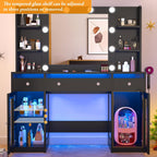 Vanity Desk W/6000-Colors Light&Power Outlet,Makeup Vanity Desk W/LED Mirror and Lights 3 Colors,Transparent GlassTop W/3 RGB Drawers,Hair Tool Holder,2 Large Tempered Cabinets for Bedroom(Black 2)