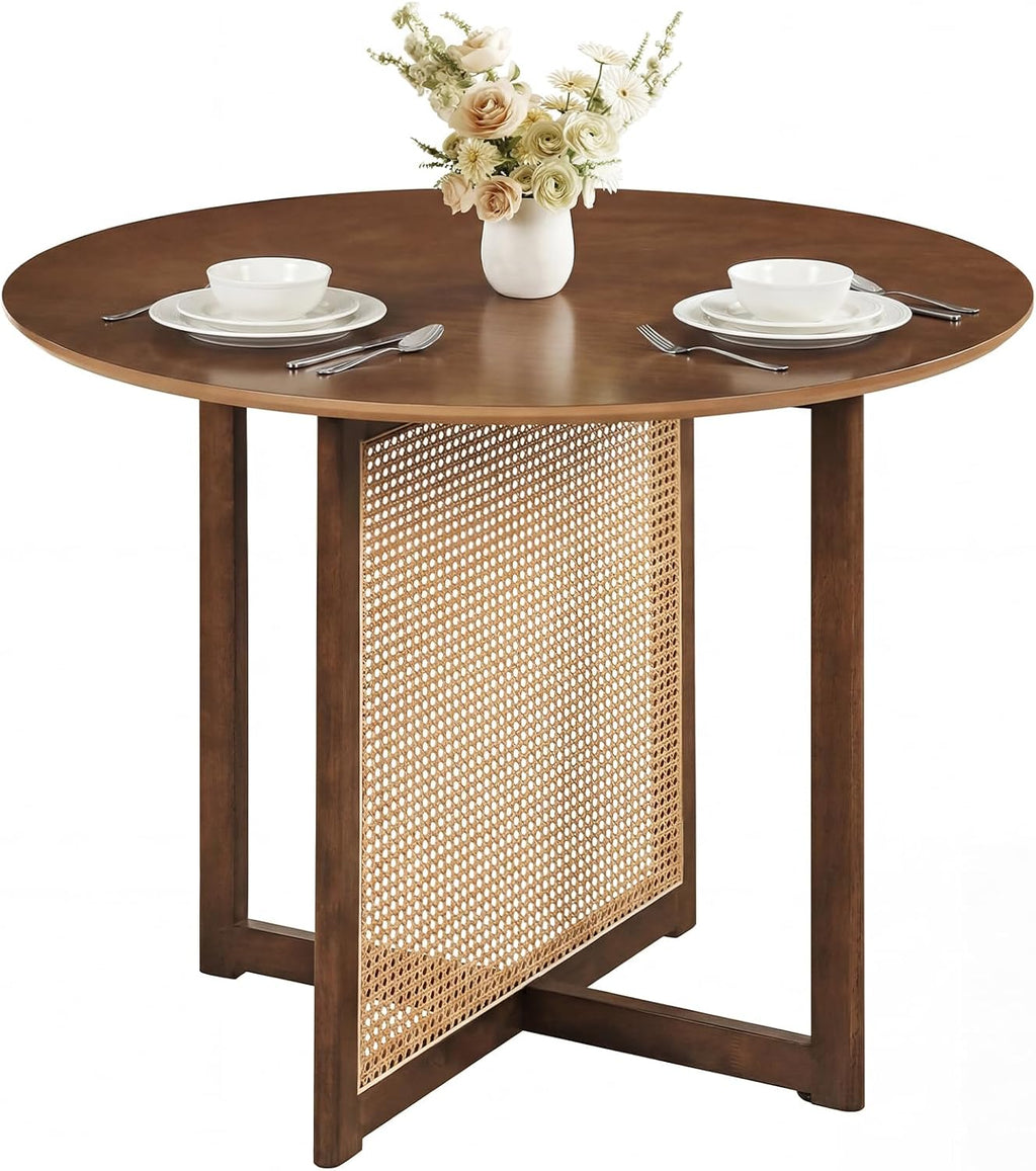 Giantex 37.5" Round Dining Table for 2-4, Farmhouse Kitchen Table with Solid Rubberwood Pedestal & Rattan Base, Modern Small Circle Dinner Table for Dinette Living Room