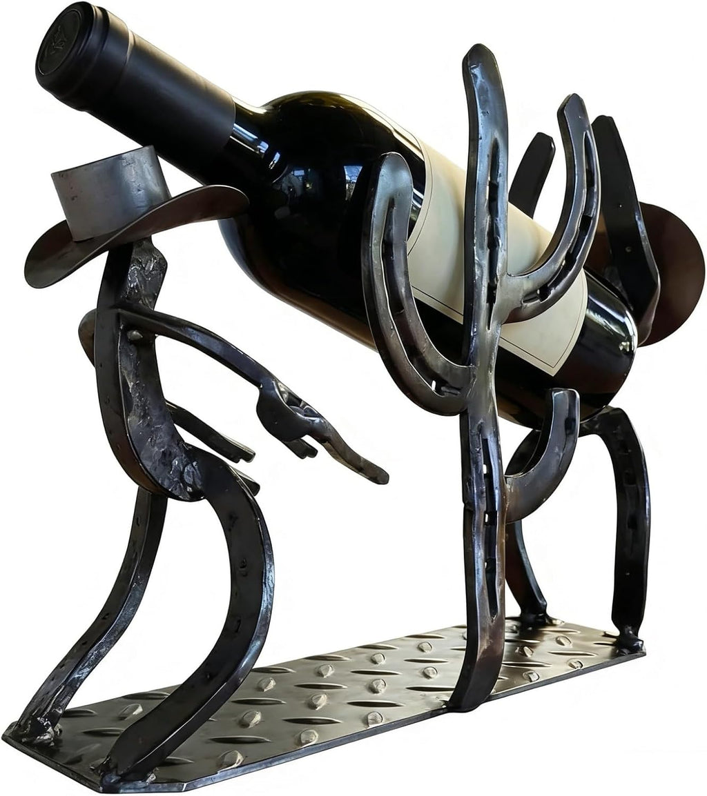 Cowboy Wine Bottle Holder Gift for Men - Heavy Duty Metal Cactus Wine Rack - Rustic Western Decor Countertop Stand - Unique Southwestern Sculpture for Bar, Kitchen, Office