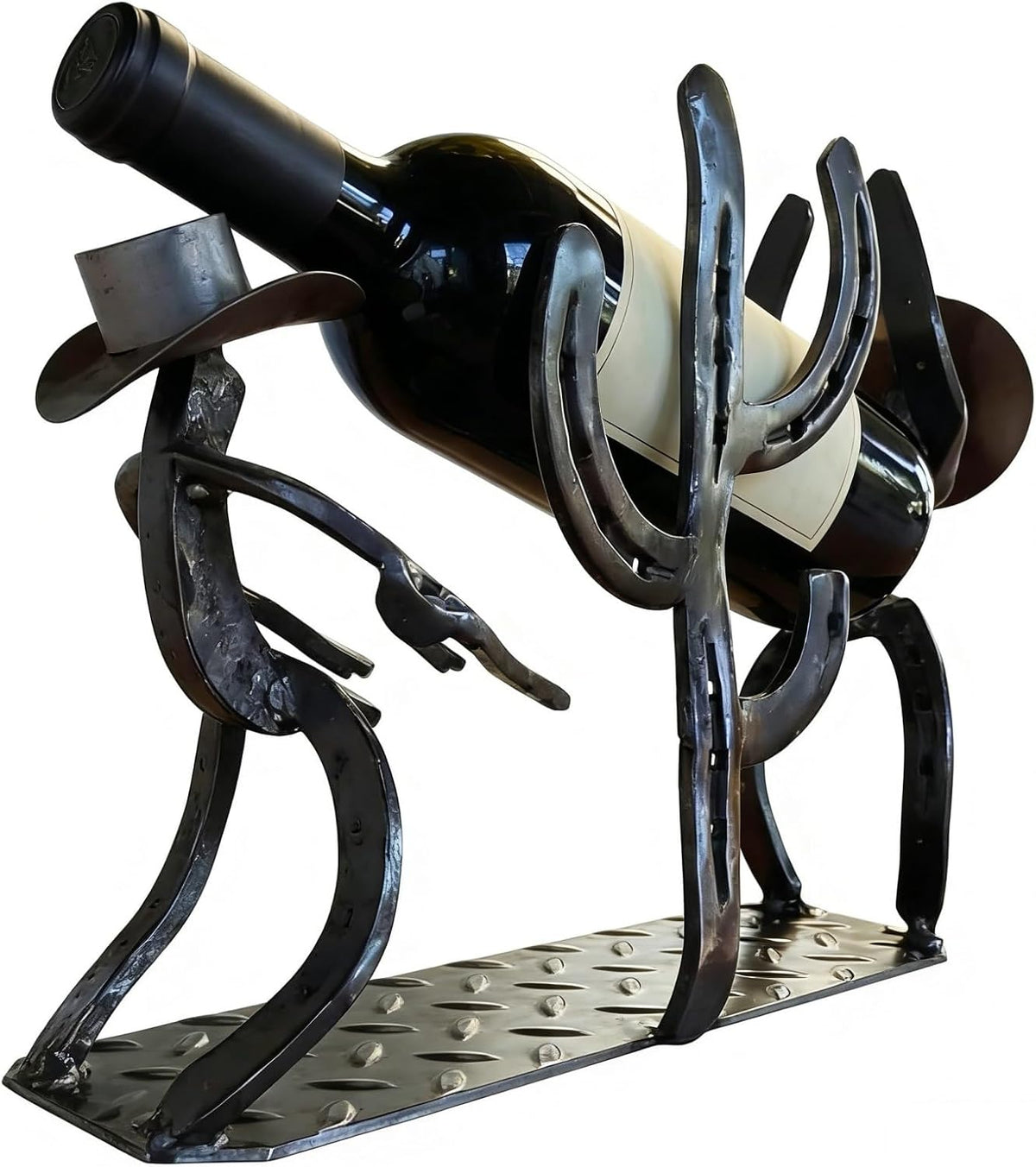 Cowboy Wine Bottle Holder Gift for Men - Heavy Duty Metal Cactus Wine Rack - Rustic Western Decor Countertop Stand - Unique Southwestern Sculpture for Bar, Kitchen, Office