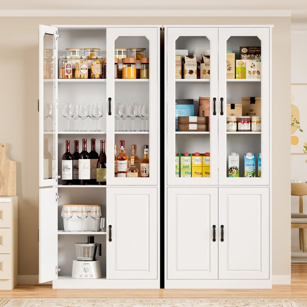 White Kitchen Pantry Cabinet, 78.7" Tall China Cabinet with Glass Doors and Adjustable Shelves, Wooden Display Cabinet for Dining, Living Room, White (Large, 31.5" W)