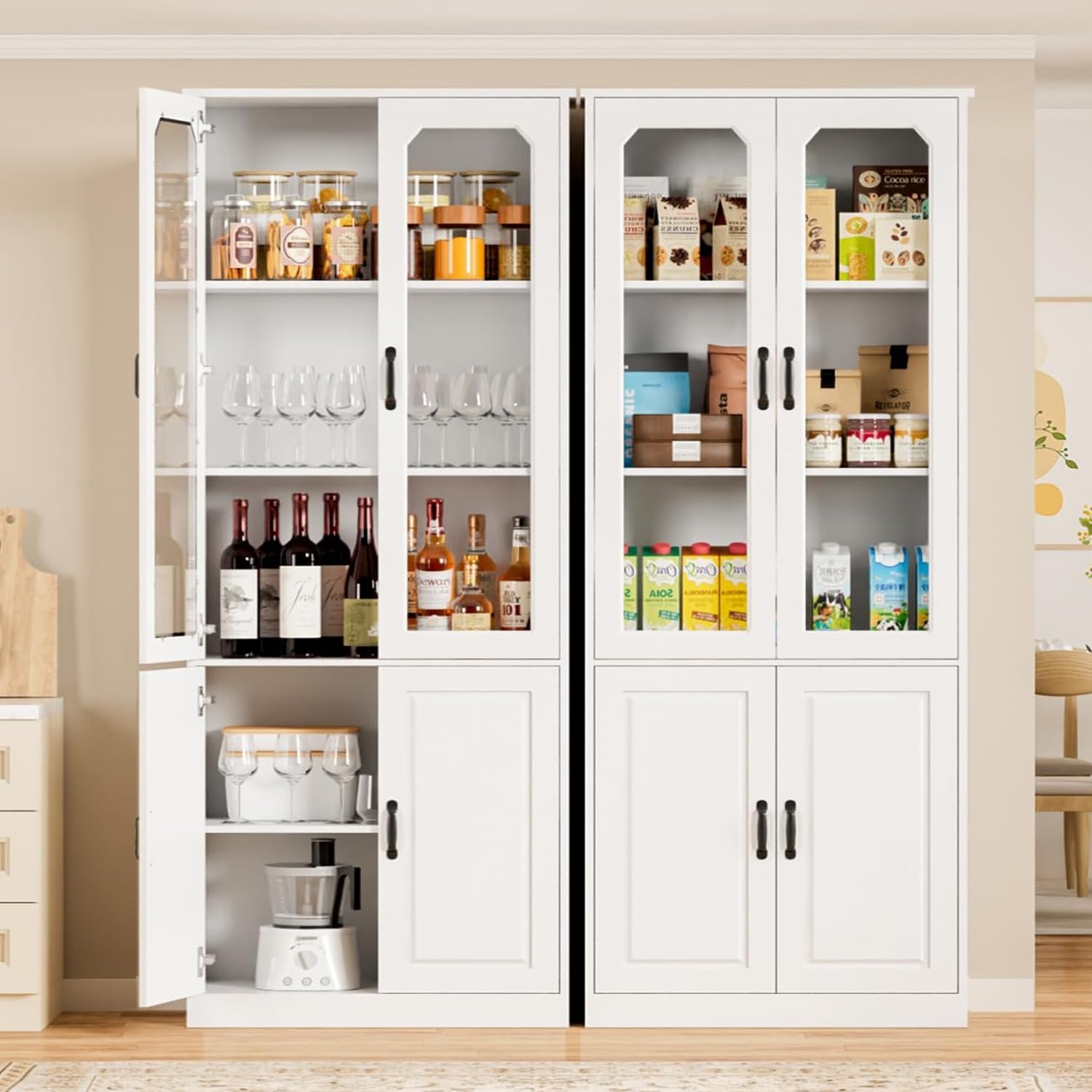 White Kitchen Pantry Cabinet, 78.7" Tall China Cabinet with Glass Doors and Adjustable Shelves, Wooden Display Cabinet for Dining, Living Room, White (Large, 31.5" W)