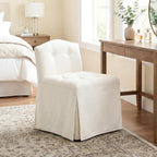 White Tufted Makeup Vanity Chair with Wheels, Small Upholstered Skirted Slipper Accent Chair with Low Back & Metal Legs, Armless Rolling Vanity Stool Desk Chair for Living Room Bedroom