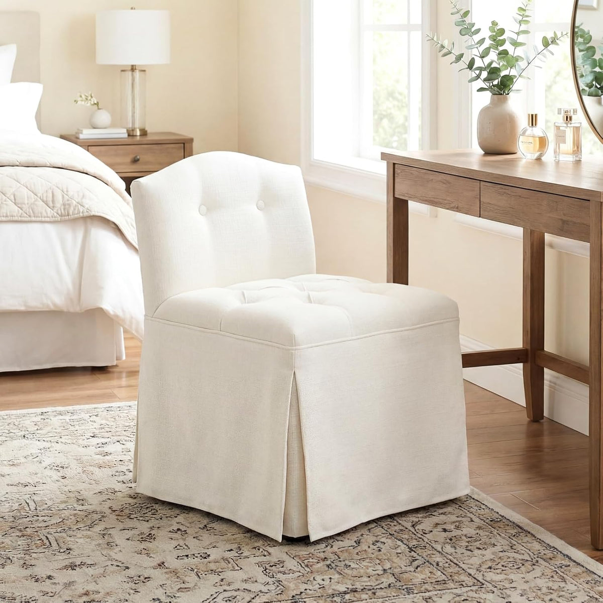 White Tufted Makeup Vanity Chair with Wheels, Small Upholstered Skirted Slipper Accent Chair with Low Back & Metal Legs, Armless Rolling Vanity Stool Desk Chair for Living Room Bedroom