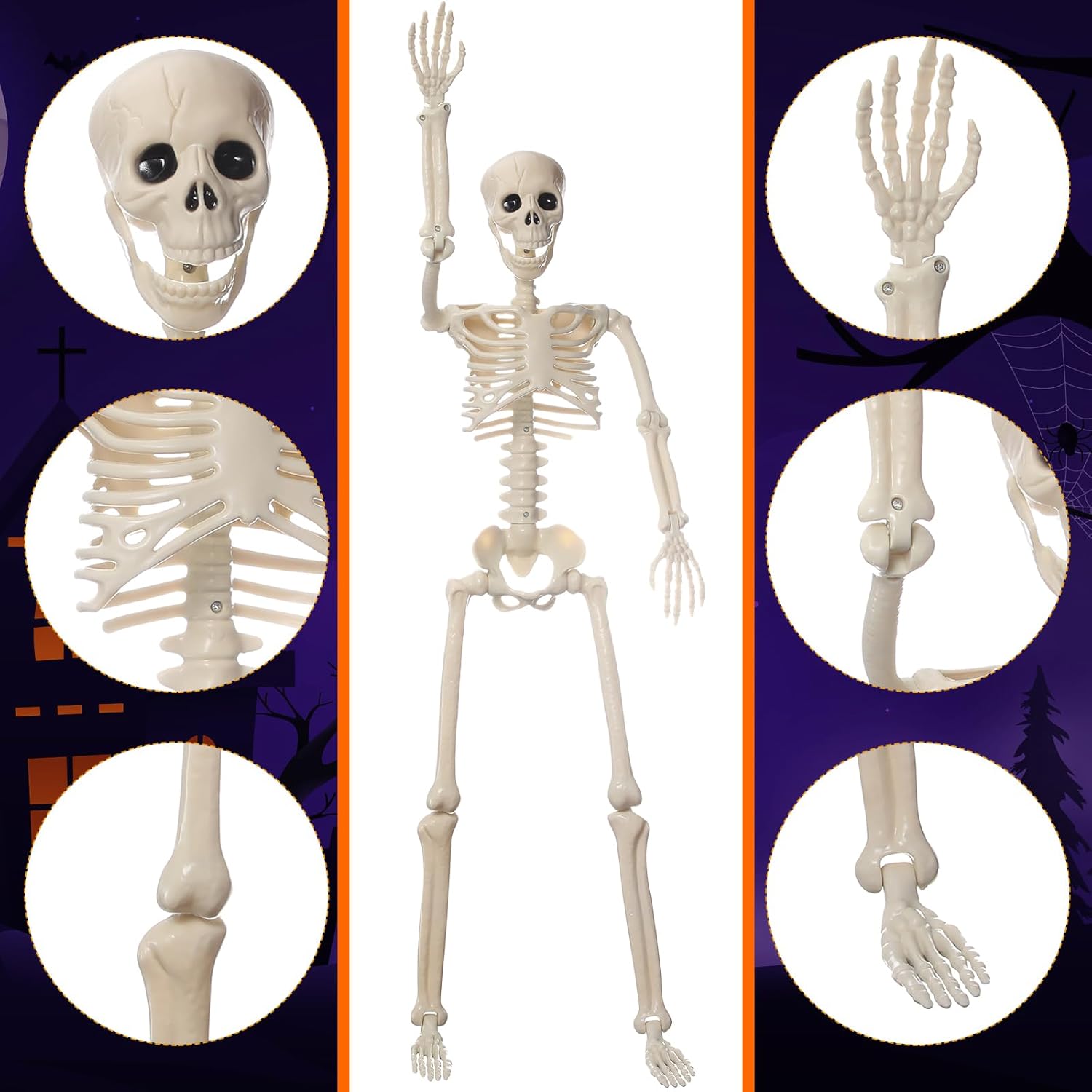 11 Pcs Halloween Skeleton Decorations Realistic Full Body Movable Joints Halloween Plastic Skeleton for Cemetery, Yard, Indoor and Outdoor Party Decoration