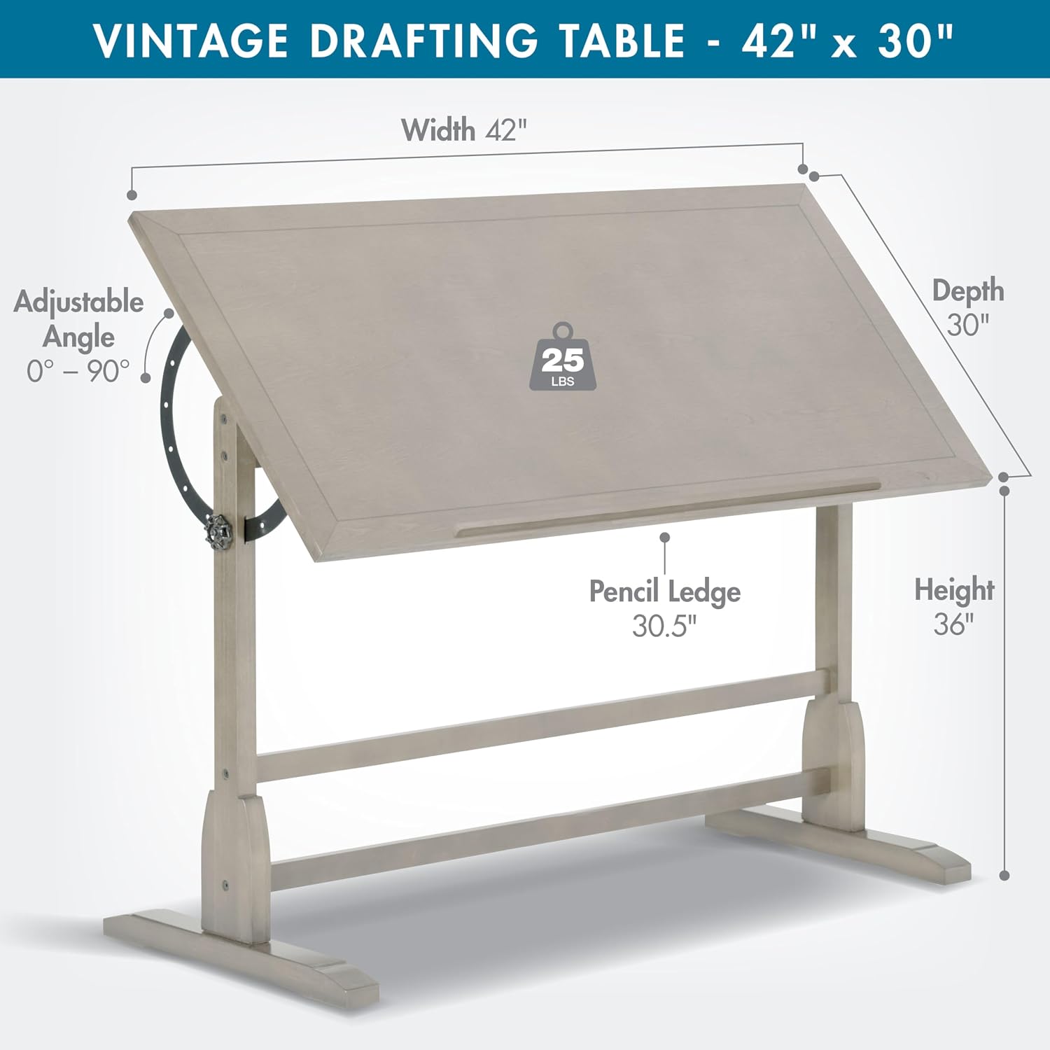 Studio Designs Wood Drawing/Drafting Table with Pencil Ledge - 42" W x 30" D - Whitewash - Tilting Top Adjustable Desk