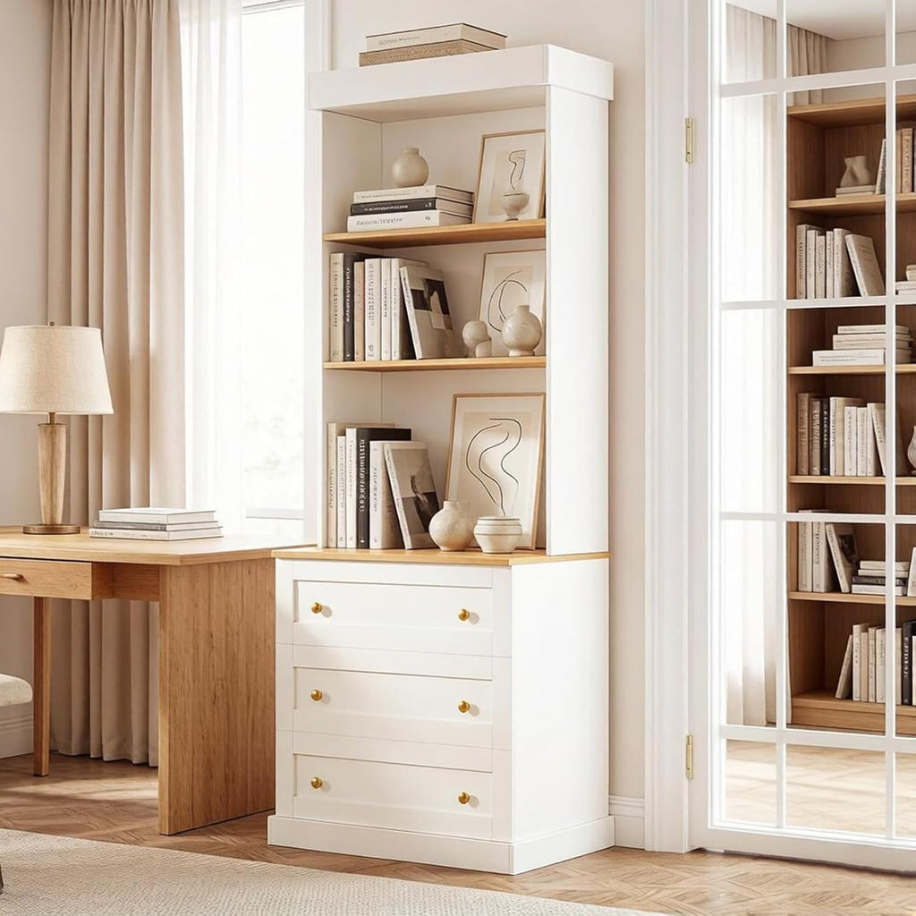 71" Tall Modular Farmhouse Bookcase with Drawers,Expandable Wooden Storage Cabinets for Home Office and Study Room，White