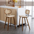 HEAH-YO Rattan Counter Stools Set of 2, 26 Inches Counter Height Bar Stools with Backrests and Wood Legs, Modern PU Leather Rattan Stool for Kitchen Island, PU Beige