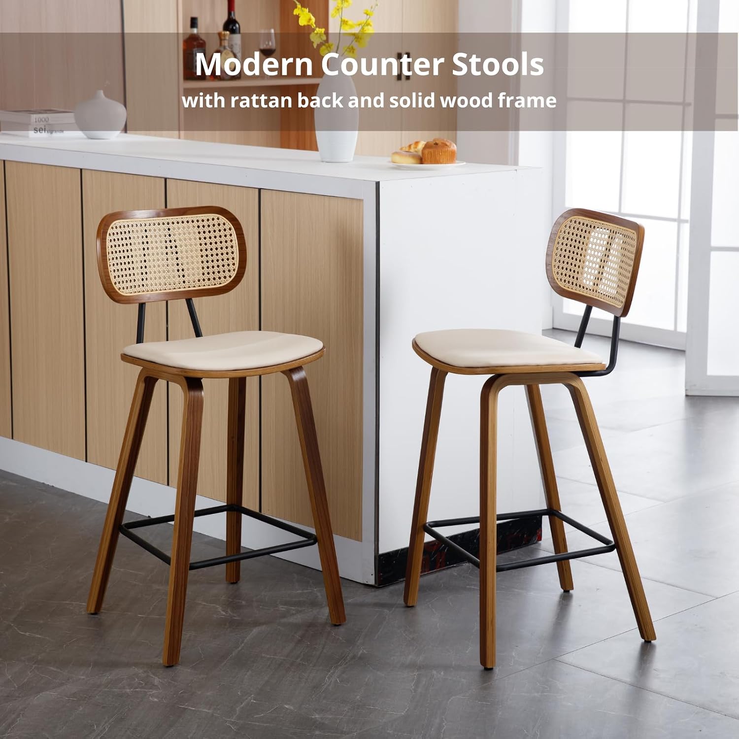 HEAH-YO Rattan Counter Stools Set of 2, 26 Inches Counter Height Bar Stools with Backrests and Wood Legs, Modern PU Leather Rattan Stool for Kitchen Island, PU Beige