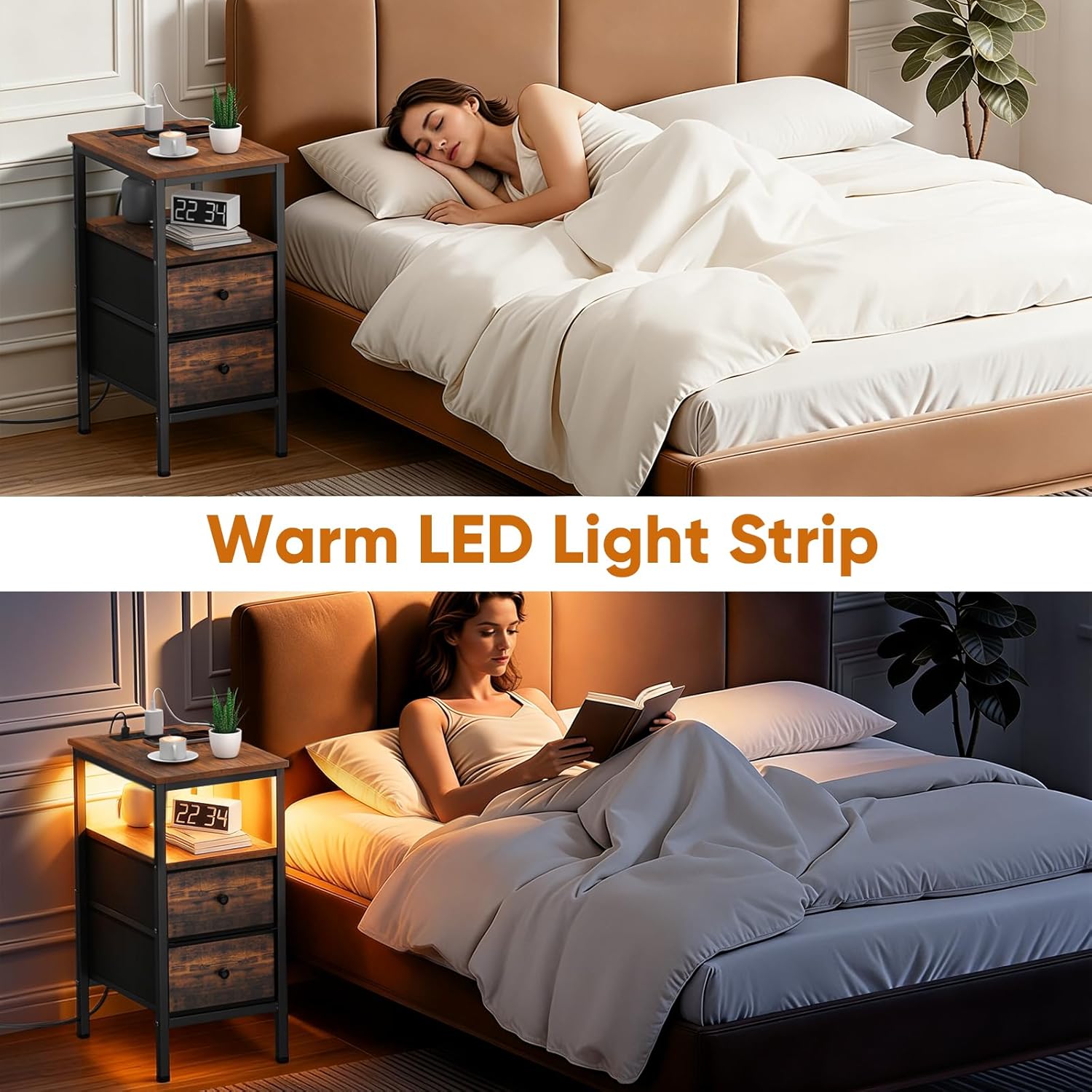 Lewondr End Table with Charging Station and LED Light, Narrow Side Table with 2 Fabric Drawers, Thin Nightstand with USB Ports for Bedside, Bedroom, Living Room, Small Spaces