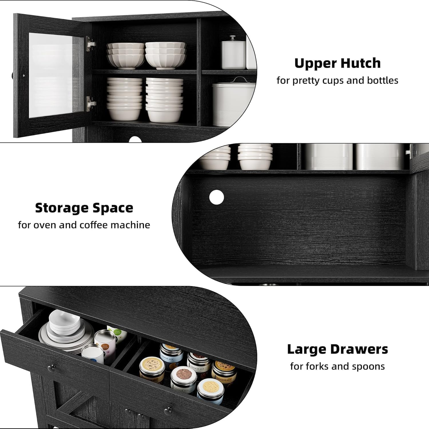 GarveeHome Kitchen Pantry Cabinet with Microwave Stand, Freestanding Hutch Cabinet with Buffet Cupboard, Tall Kitchen Cabinets with Adjustable Shelves for Dining Room, Black