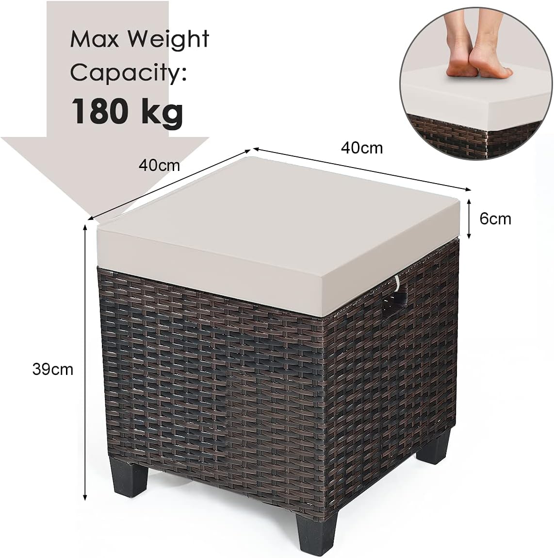 mayjooy 2-Piece Rattan Patio Ottoman, All Weather Wicker Ottoman w/Removable Cushion & Steel Frame, Outdoor Footstool Footrest Furniture (Brown) , 16”x16”x18