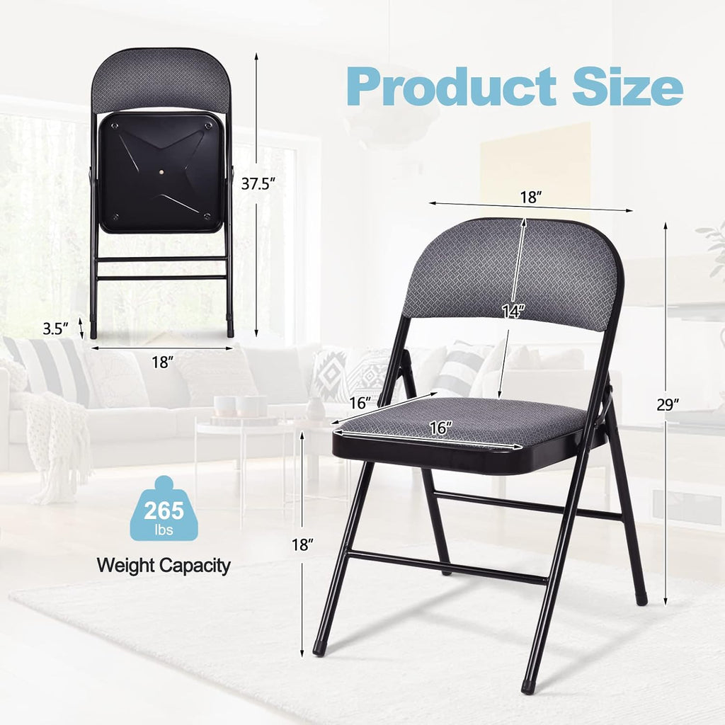 GOFLAME 6 Pack Folding Chairs, Fabric Dining Chair Set with Padded Seat & Metal Frame, Indoor Outdoor Upholstered Commercial Seat for Home Office Events Wedding Party, Grey & Black