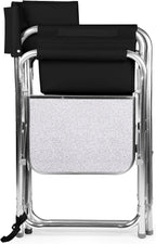PICNIC TIME Sports Chair with Side Table and Armrest Caddy, Lightweight Aluminum Folding Outdoor Camping Chair for Adults, Portable Director Style Lawn Seating with Pockets & Carry Strap, (Black)