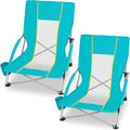 Romswi 2 Pack Lightweight Low Beach Chairs with Breathable Mesh Back,6LBS Folding Portable Sand Chairs with Cup Holder, Heavy Duty 300lbs Capacity for Camping & Outdoor Use,Green