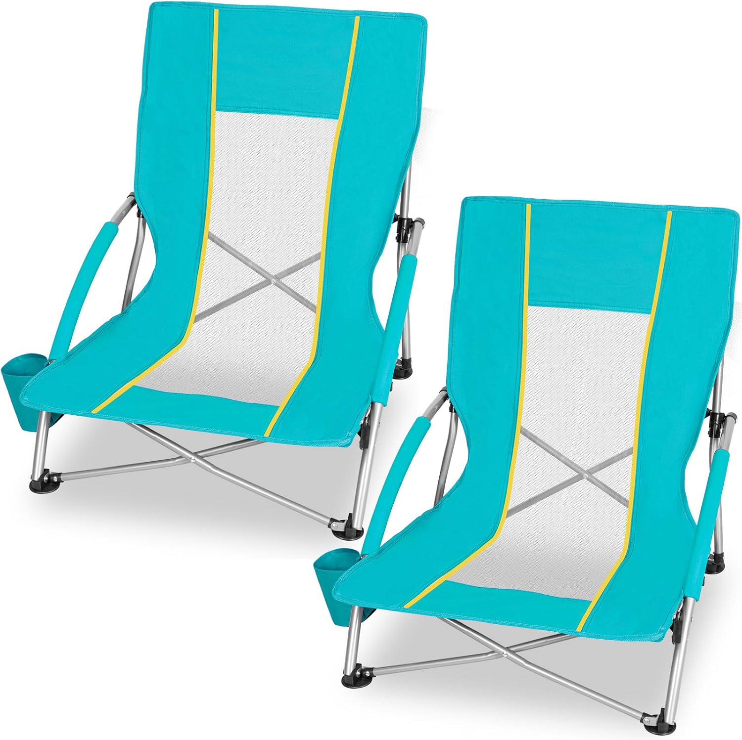 Romswi 2 Pack Lightweight Low Beach Chairs with Breathable Mesh Back,6LBS Folding Portable Sand Chairs with Cup Holder, Heavy Duty 300lbs Capacity for Camping & Outdoor Use,Green