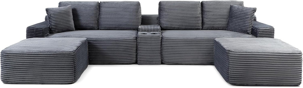 125" Oversized Sectional Couches for Living Room, Modern Cloud Couch with Ottoman,USB Port&Cup Holders, Comfy Corduroy Modular Sectional U Shape Sofa Couch for Apartment, Grey Couch in a Box