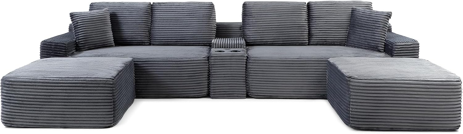 125" Oversized Sectional Couches for Living Room, Modern Cloud Couch with Ottoman,USB Port&Cup Holders, Comfy Corduroy Modular Sectional U Shape Sofa Couch for Apartment, Grey Couch in a Box