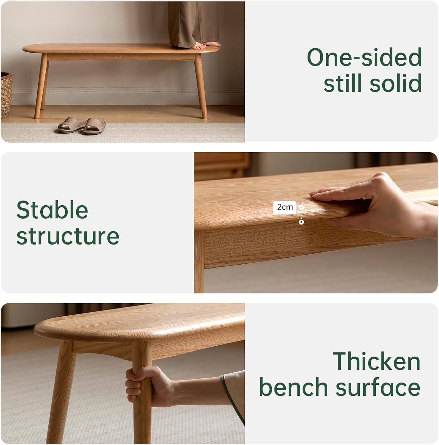 47'' 100% Solid Oak Wood Dining Bench,Rounded Corner Baguette Shape Chair Surface Design,Entryway Bedroom Bed End Bench (47.3inch, Natural Oak)
