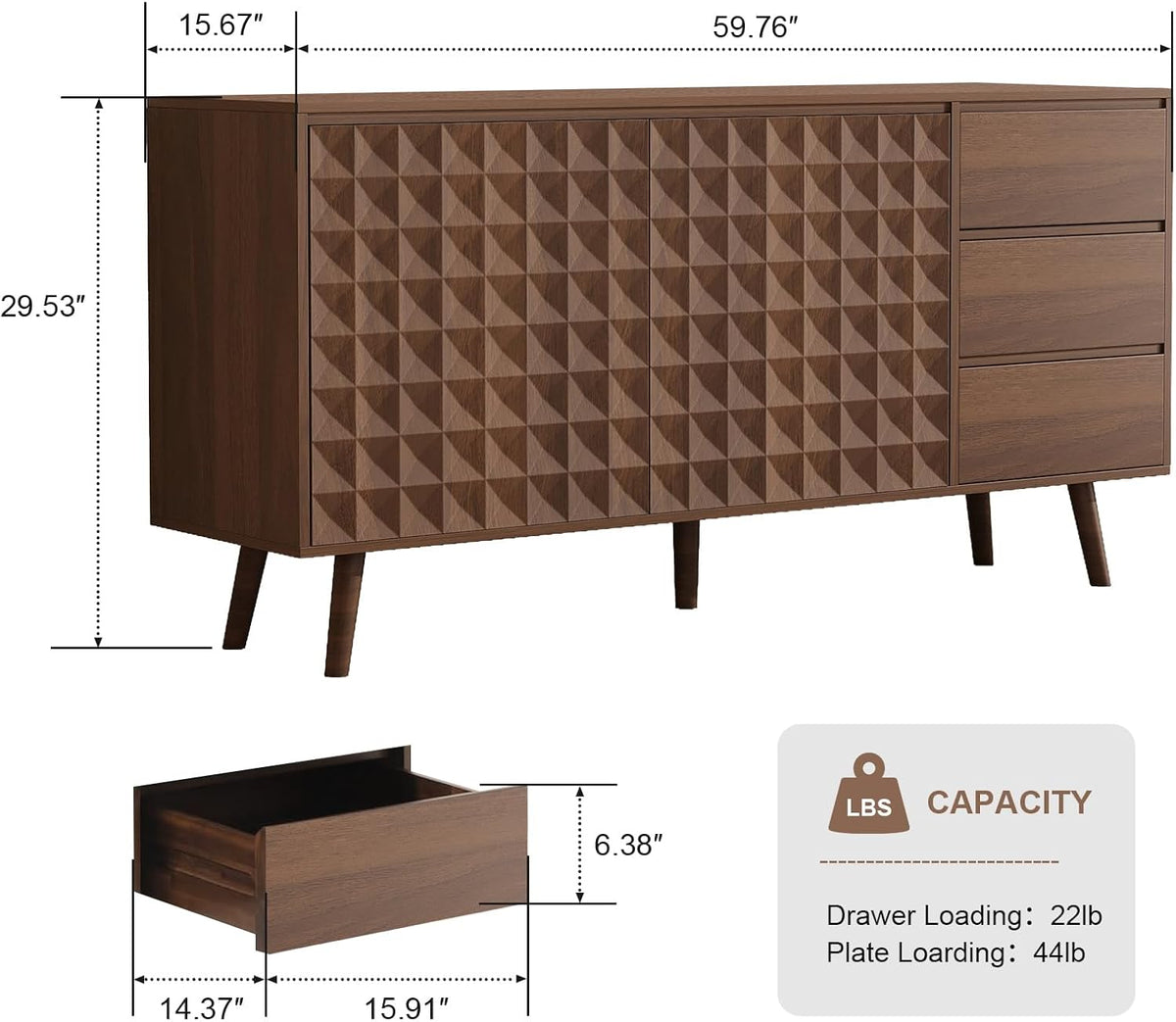 60" Buffet Cabinet with Storage, Sideboard Buffet Cabinet with 3 Drawers and 2 Doors, Mid Century Modern Coffee Bar Cabinet/TV Stand with Adjustable Shelves, Dark Brown