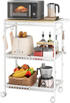 Microwave Kitchen Cart with 2 Lockable Wheels, White Kitchen Storage Cart with Push Handle, 3 Tier Rolling Cart with 210Lbs Capacity for Kitchen Island, Restaurant, Coffee Bar, Living Room, Office