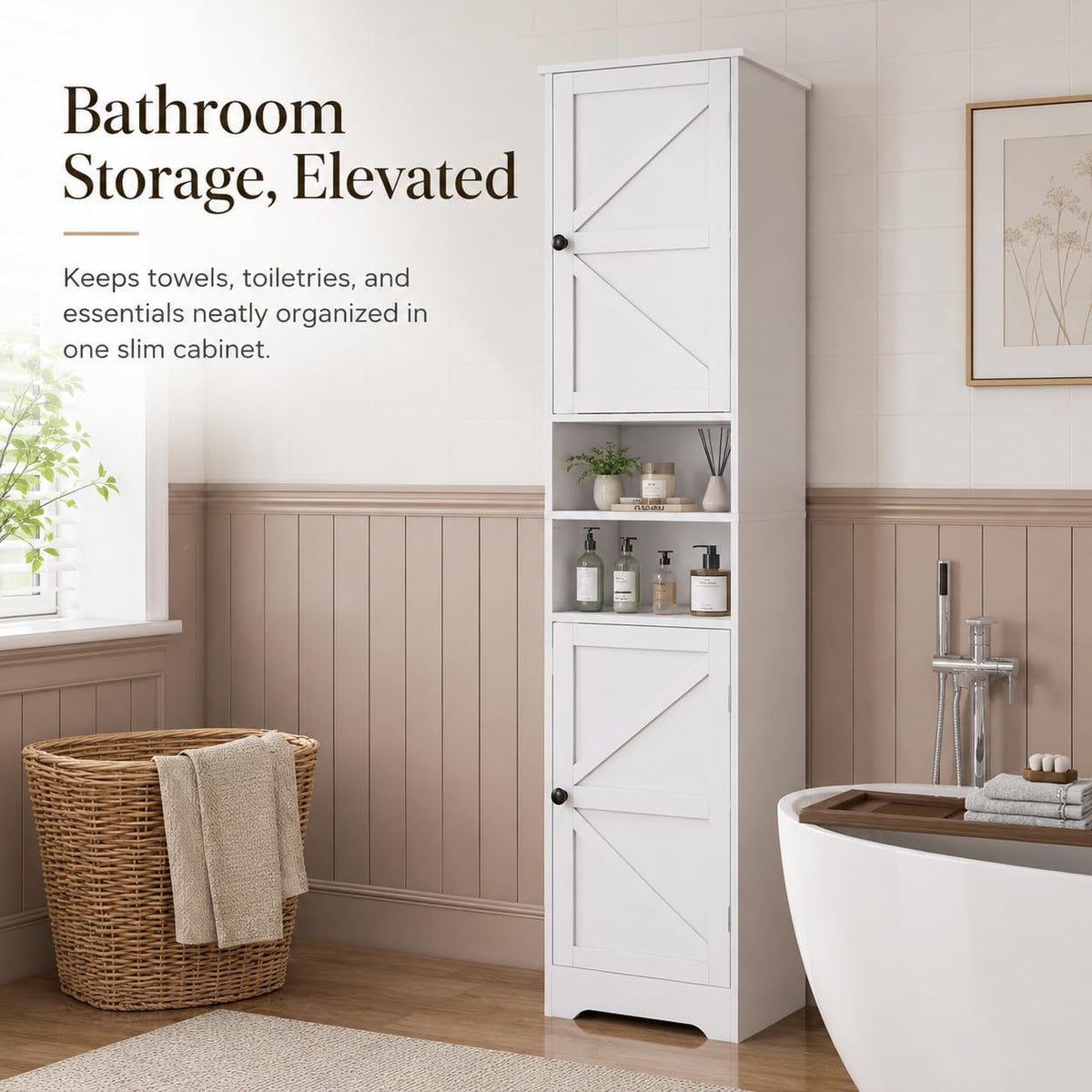 Viaozutis Tall Bathroom Storage Cabinet, Slim Freestanding Cabinet with Adjustable Shelves, Vertical Storage Organizer for Small Bathrooms, Toilet Paper & Daily Essentials Storage（White）