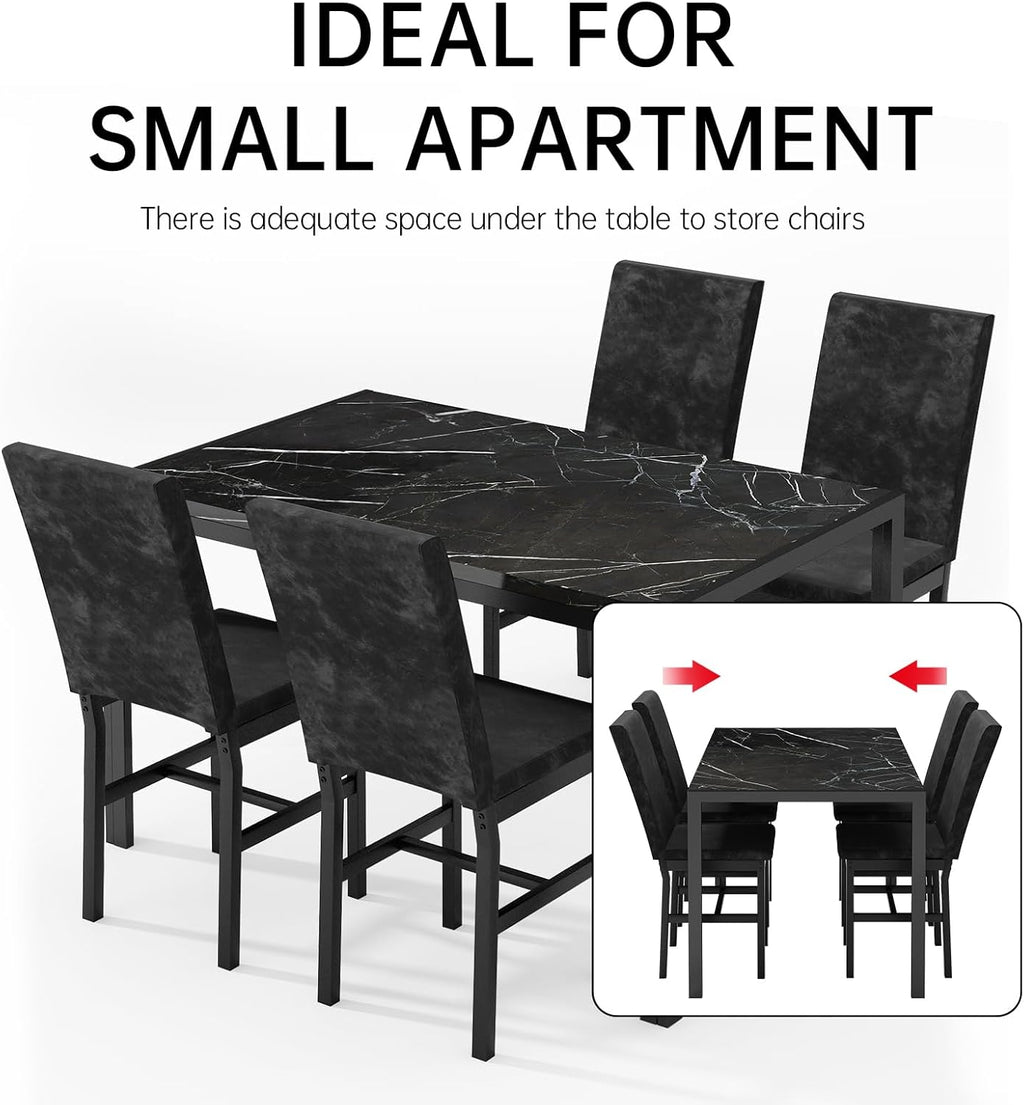 AWQM Products 5-Piece Marble Dining Set, Modern Kitchen Table and Chairs for Dining Room, Compact Space Saving Furniture, Dinette, 4 Upholstered Velvet Chairs - Black