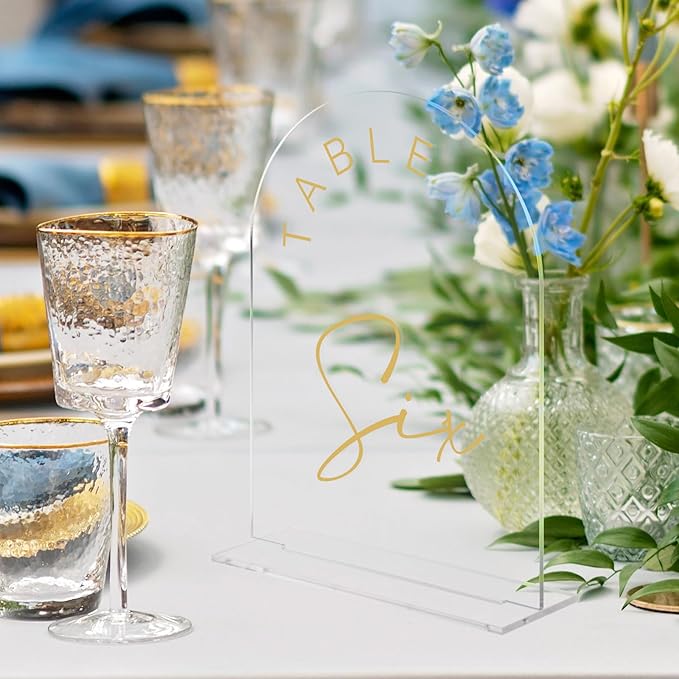 JINMURY Acrylic Arch Table Numbers with Stands, 5x7 Inch Acrylic Arch Sign Table Numbers for Wedding (Clear Gold Font, 1-10)