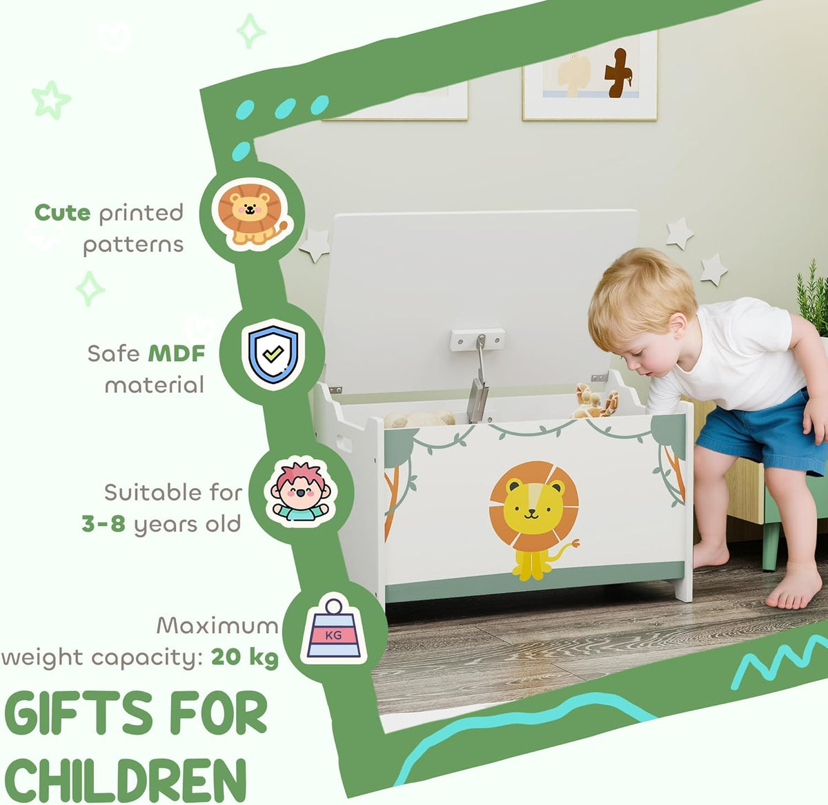 Qaba Toy Box with Lid Safety Hinges for Kids 24" L x 15" W x 15" H Green | Toy Chest, for Boys Girls, Storage Organizer, Living Room, Playroom, Nursery, Bedroom