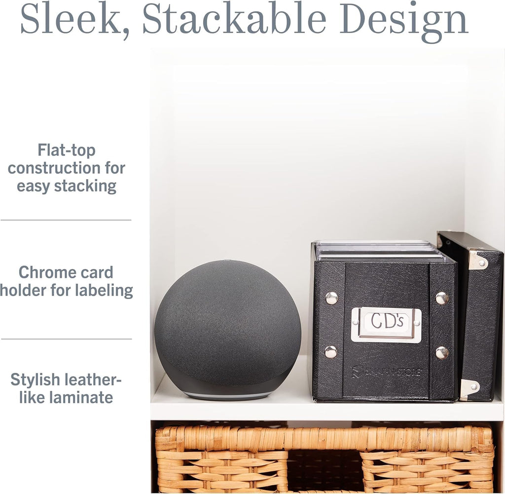 Snap-N-Store CD Storage Box - 4 Pack - Durable 5.1 x 5.1 x 13.2 Inch Disc Holders with Lids to Store up to 52 CDs - Black