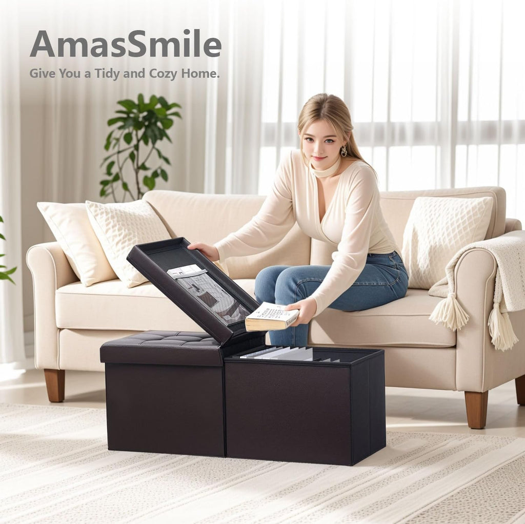 AmasSmile Footrest Ottoman Storage Bench,34" Leather Folding Chest,Brown | Large Ottoman with Storage,Thicker Foam Padded Seat,Livingroom,Dorm,Bedroom,Entryway,Easy to install,34 x 13 x 13in