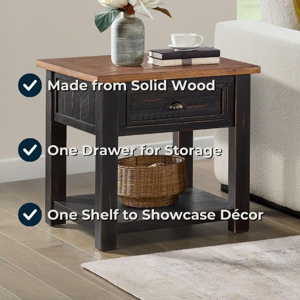 Monterey Farmhouse Rustic End Table, Solid Pine Wood Coastal Side Table with Drawer and Shelf. Black and Honey.