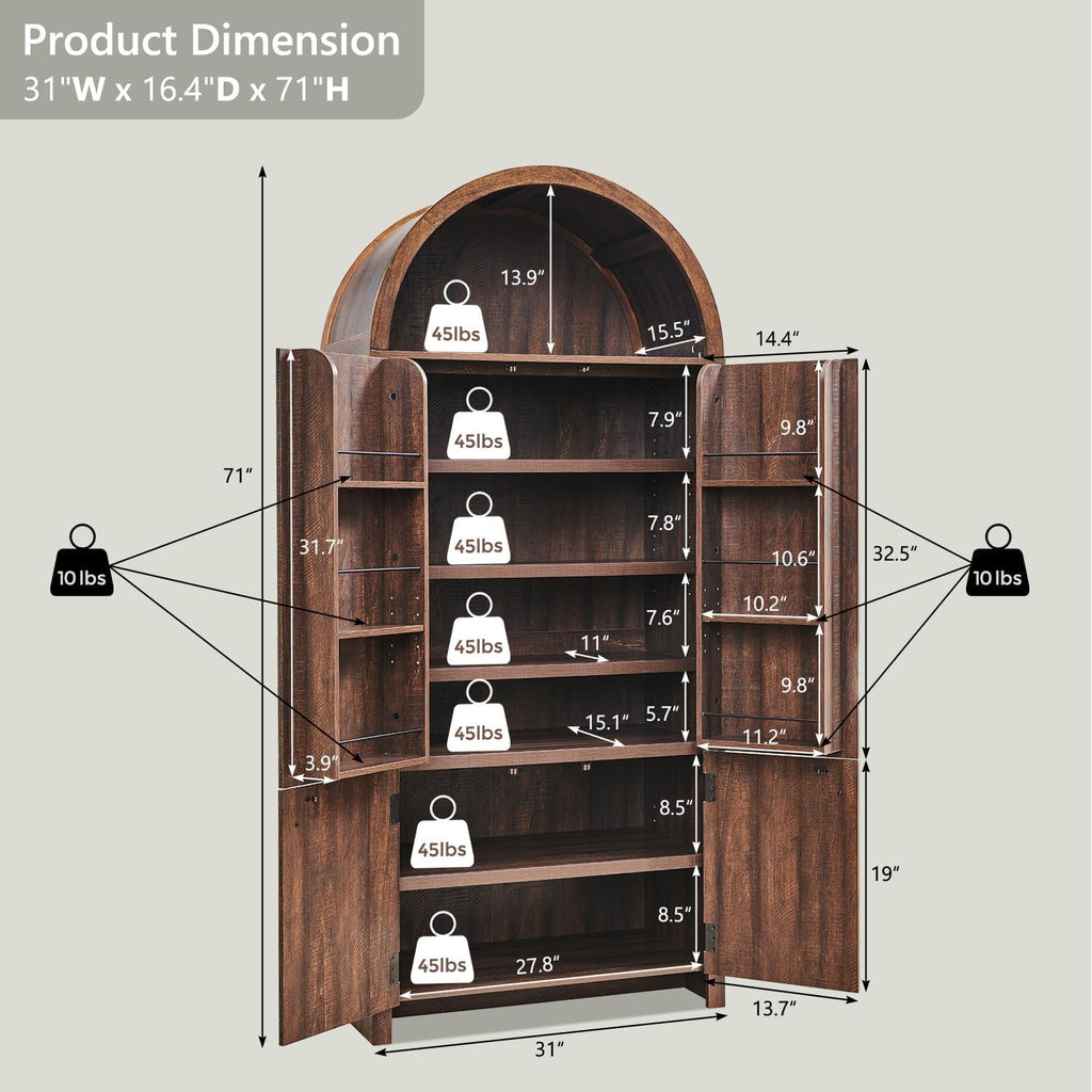 IFGET 71" Tall Arched Kitchen Pantry, Modern Fluted Storage Cabinet, Brown | Wooden Pantry Cabinet with Doors, 3 Adjustable Shelves, 6 Door Shelves, Organizer, Versatile Cupboard for Kitchen, Bathroom