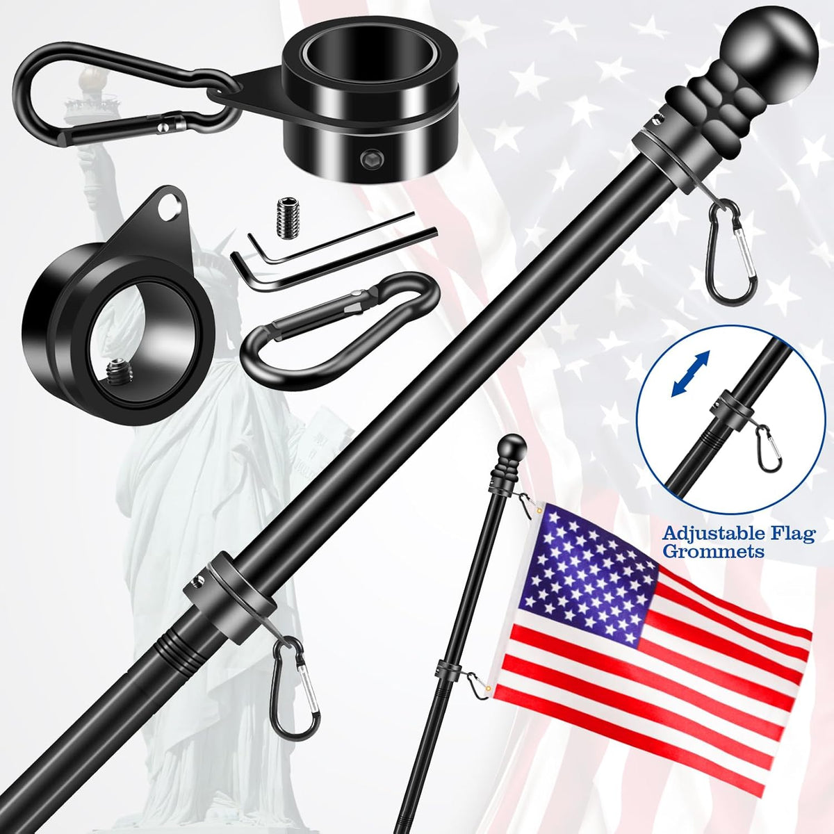 1" Black Flag Pole Rings, 2 Pcs Anti Wrap Aluminum Alloy Flag Pole Clip Swivels, 360° Rotating Flagpole Flag Mounting Ring Clips, Spinning Flag Pole Kit for 0.75-1.02" Diameter (1 Inch, Black)