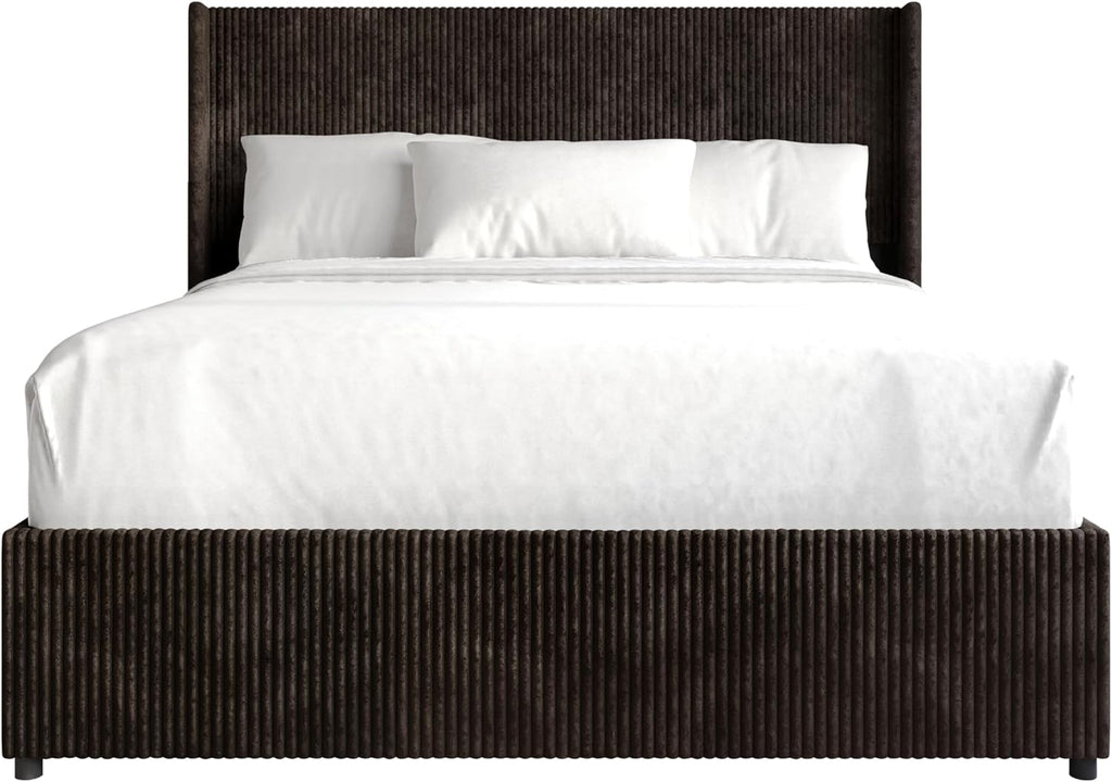 Queen Wingback Velvet Upholstered Platform Lift-Up Storage Bed, Vertical Stitching Design, Brown