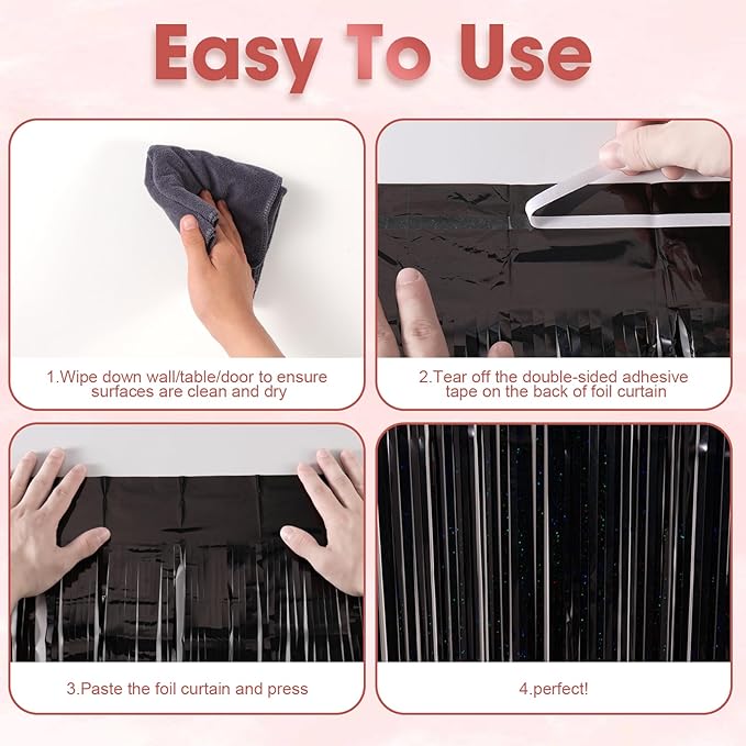 2 Pack Laser Black Foil Fringe Backdrop Curtains, Tinsel Streamers Birthday Party Decorations, Fringe Backdrop for Graduation, Baby Shower, Gender Reveal, Disco Party