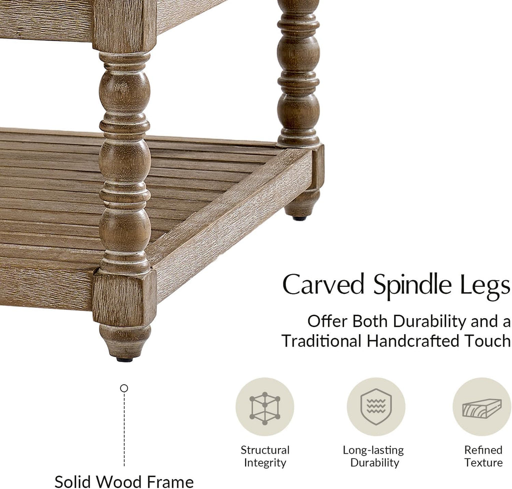HULALA HOME Upholstered Rectangular Ottoman Coffee Table with Spindle Wooden Legs, Tufted Living Room Ottoman with Solid Wood Storage Shelf, Ivory