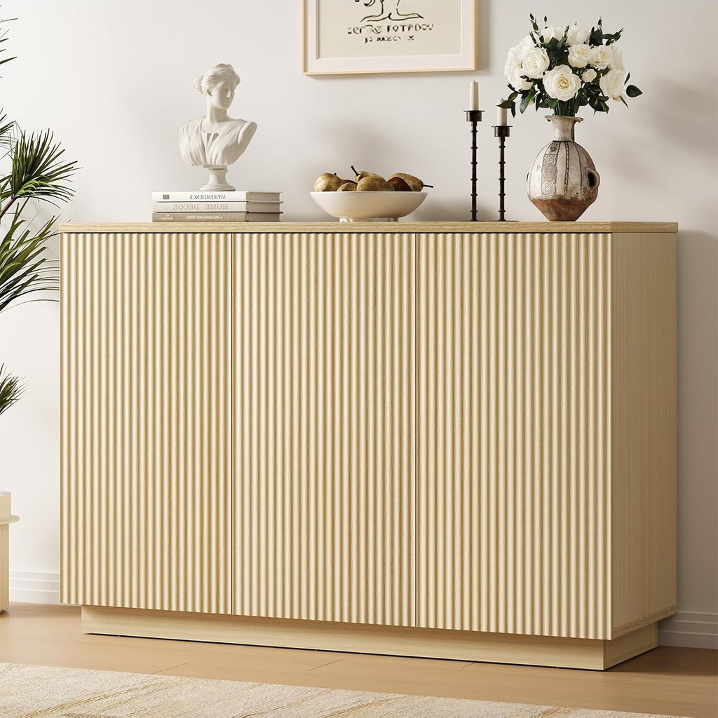 Sideboard Buffet Cabinet with Storage - 47" Fluted Coffee Bar Cabinets Credenza with Adjustable Shelves, Accent Buffets & Sideboards Console, Wood Side Board for Living Room, Kitchen, Entryway