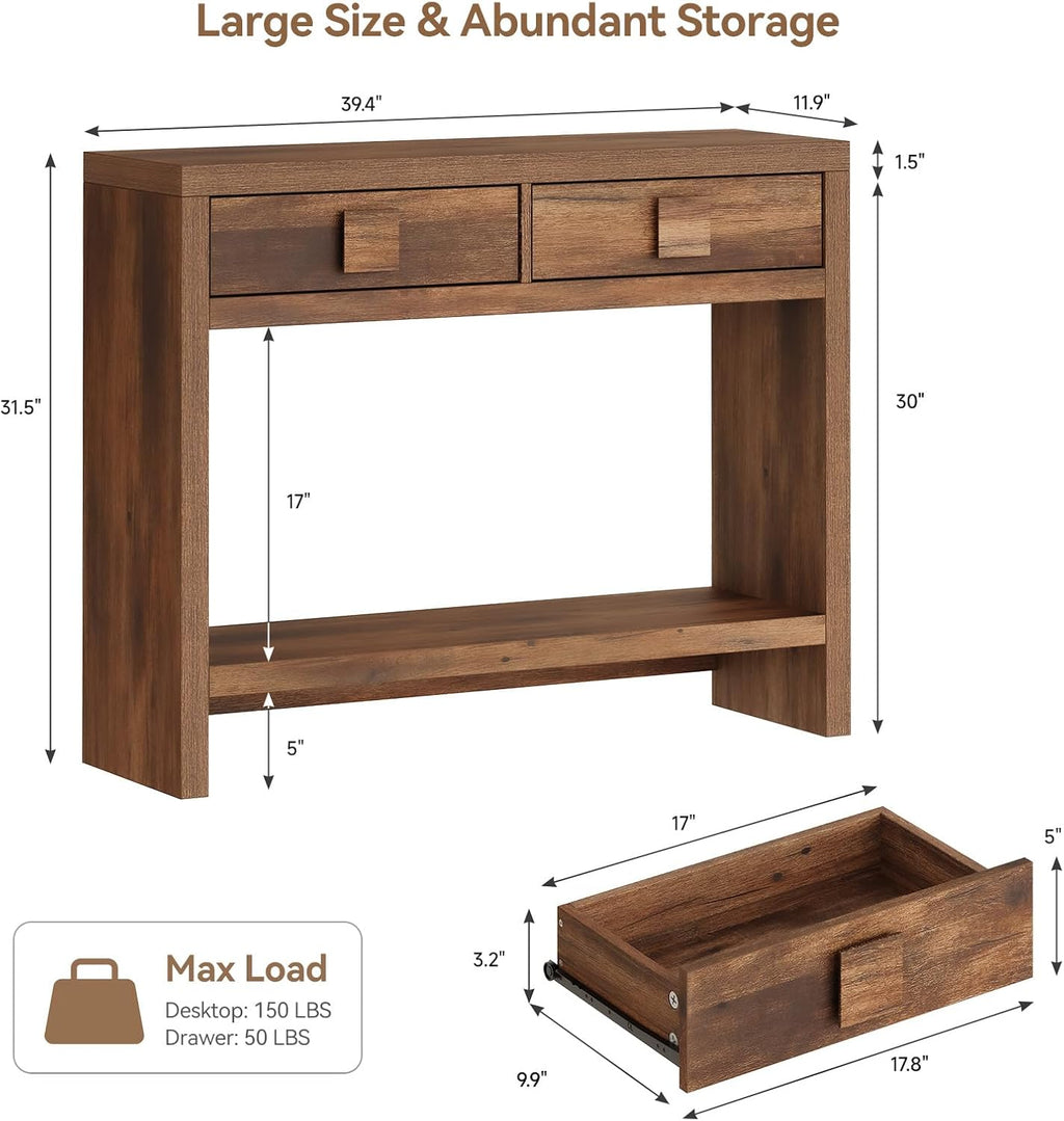 ONBRILL 40 Inch Narrow Console Table with Drawers and Open Shelves