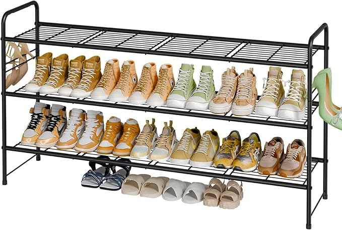 3 Tier Shoe Rack for Closet, 46.5 Inch Extra Long Shoe Storage Organizer for Shelves, Heavy Duty Metal, Easy Assembly, Black