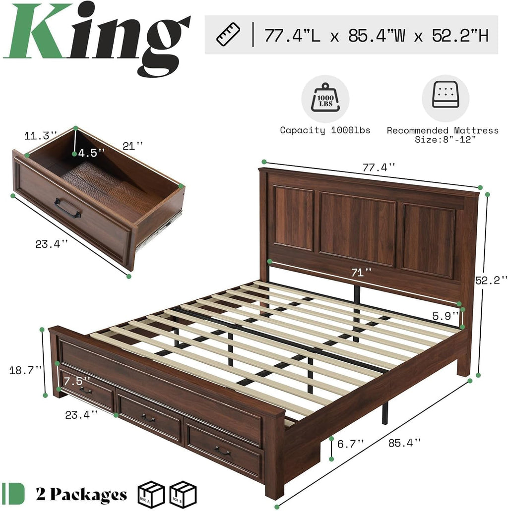 AMERLIFE 52.2" King Size Farmhouse Bed Frame with Headboard, Rustic Brown