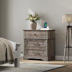 RALGEND 3 Drawer Tall Nightstand with Charging Station, Farmhouse Bedside Table, 27.6" W x 29.5" H, Wide End Table for Bedroom Living Room, End Tables with Charging Station, Greige