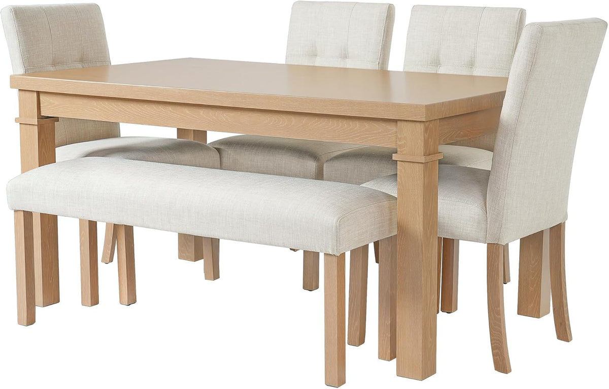 Merax 6-Piece Dining Set, Rectangle Kitchen Table with 4 Upholstered Chairs & Bench, Ideal for Dining Room and Living Room, Natural