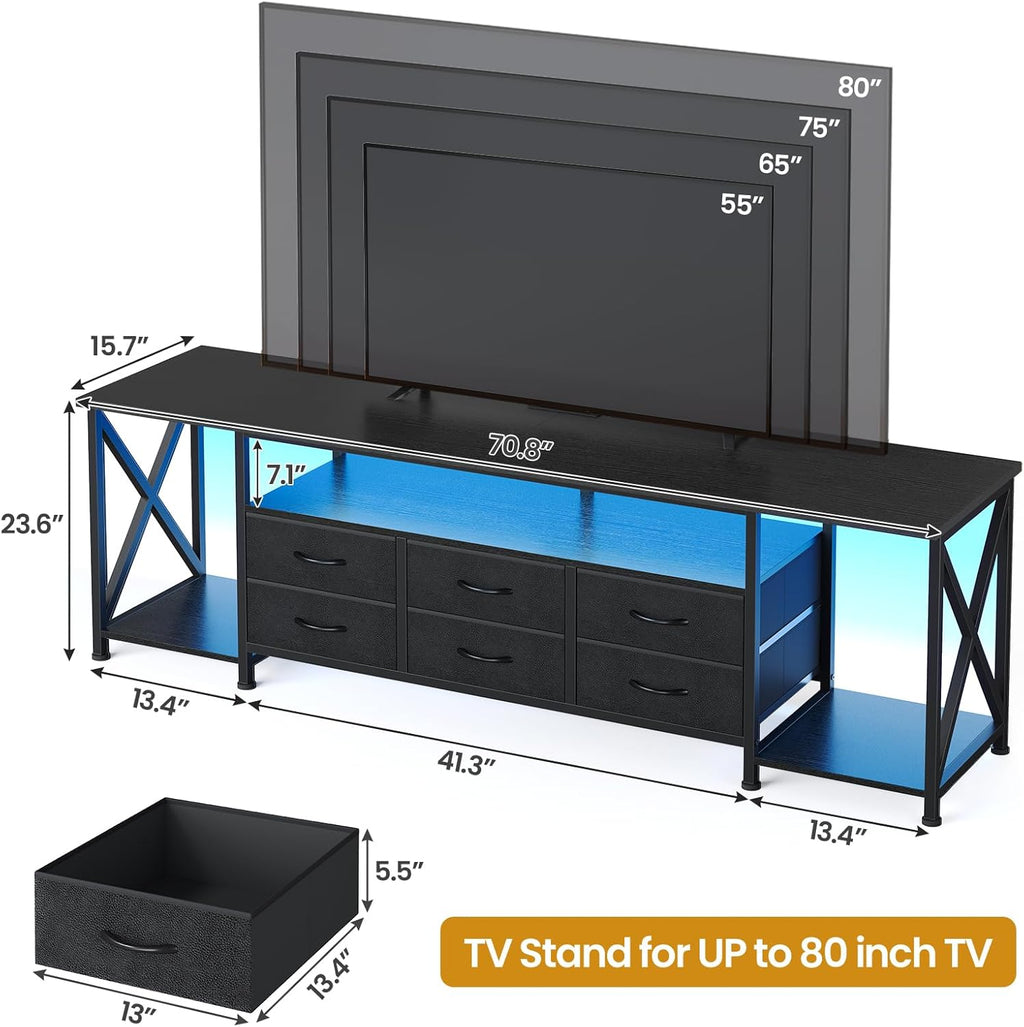 BTHFST TV Stand with LED Lights & Power Outlets, for TVs up to 85 Inches, 6 Fabric Drawers Entertainment Center with Open Storage Shelves, 71" TV Media Console Table for Living Room, Bedroom, Black