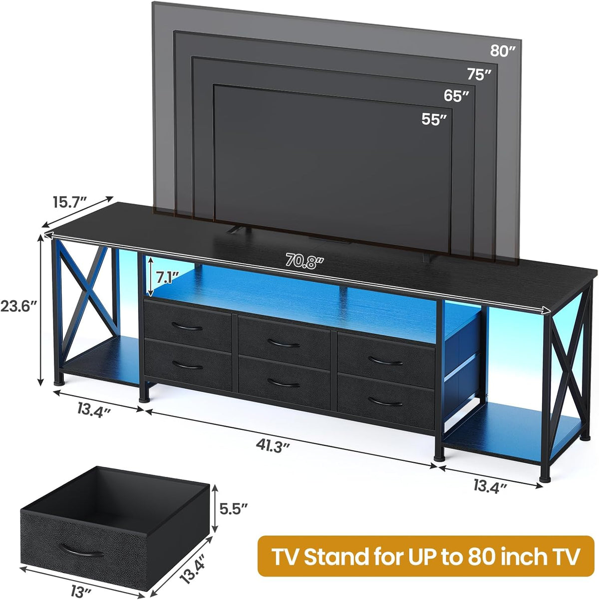 BTHFST TV Stand with LED Lights & Power Outlets, for TVs up to 85 Inches, 6 Fabric Drawers Entertainment Center with Open Storage Shelves, 71" TV Media Console Table for Living Room, Bedroom, Black