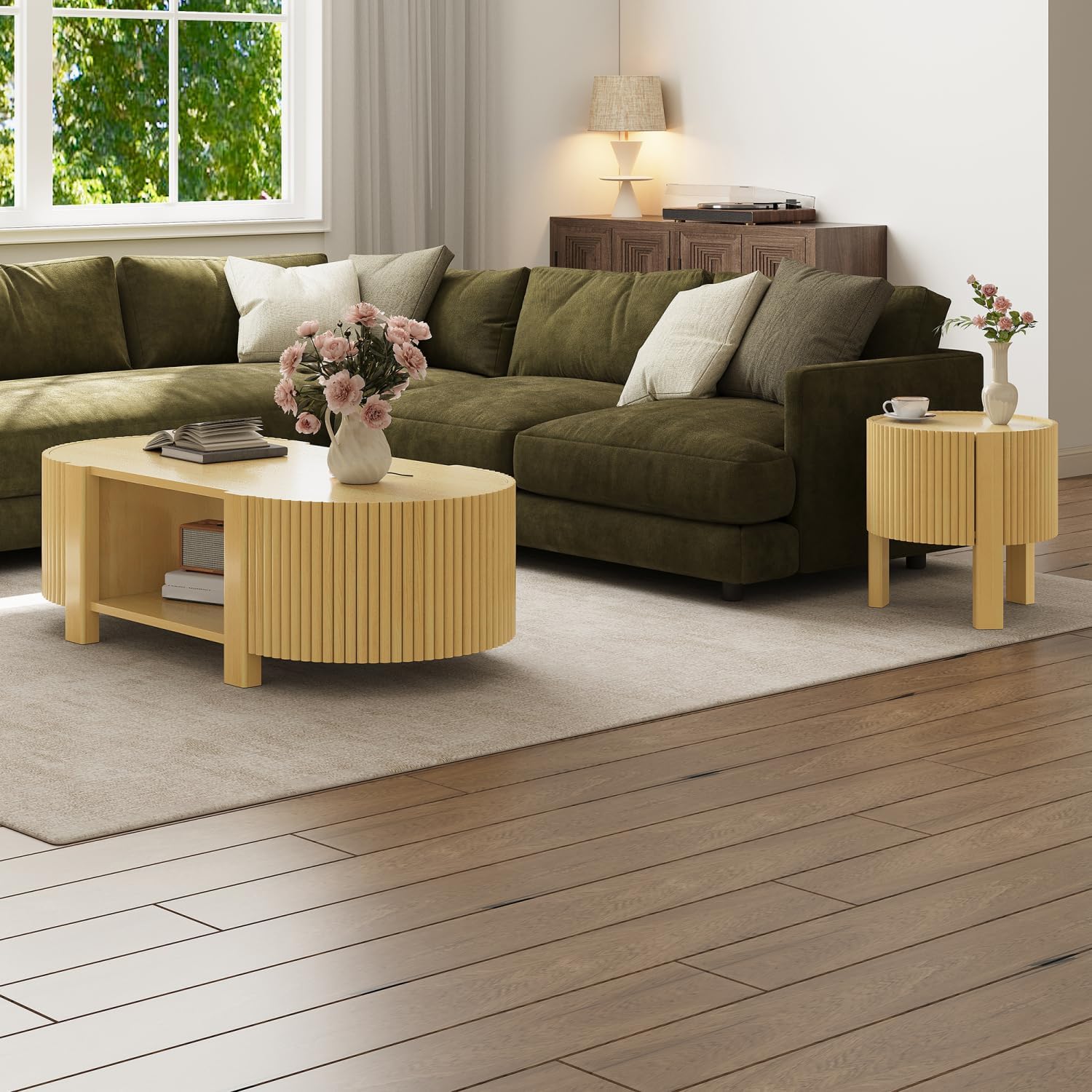 Living Room Table Set of 3 with 1 Coffee Table and 2 Side Tables, Rubber Solid Wood, Soft-Close Door, Natural, 47"