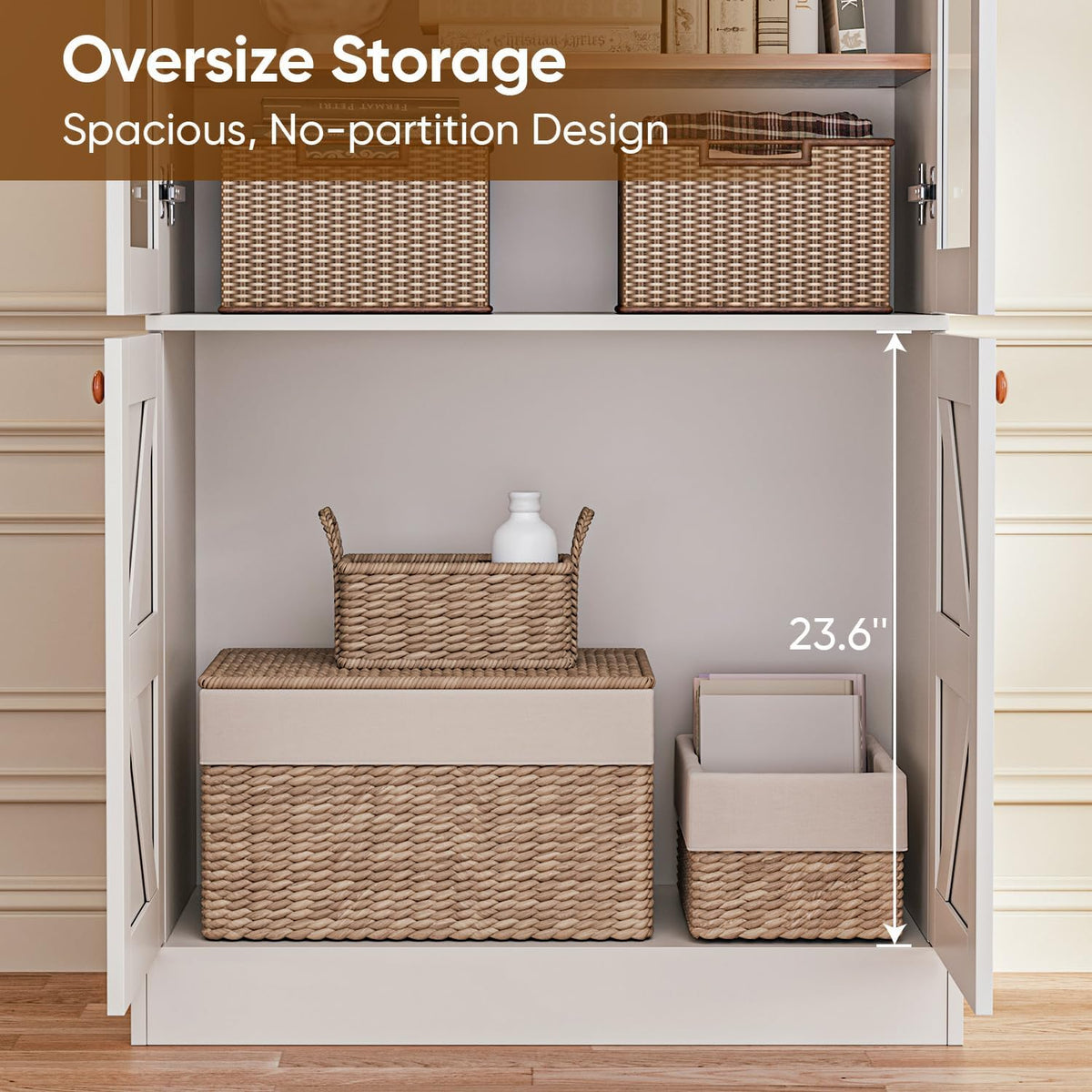Vyre 71" Tall Farmhouse Kitchen Pantry, Large Storage Cabinets with Glass Doors, Freestanding Wood Hutch Cabinet with 3 Drawers, Adjustable Shelves for Living Room, Dining Room, Set of 4