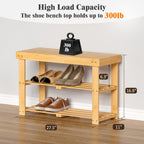 BAMBUROBA Bamboo Shoe Rack Bench, 3-Tier Entryway Bench, Small Shoes Storage Organizer Holds Up to 300lbs, 27.5 x 11 x 16.9 Inches, for Front Door, Hallway, Living Room, Bedroom,Natural